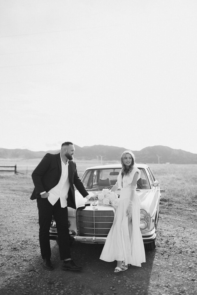 Vintage car engagement photos in Boulder, Colorado