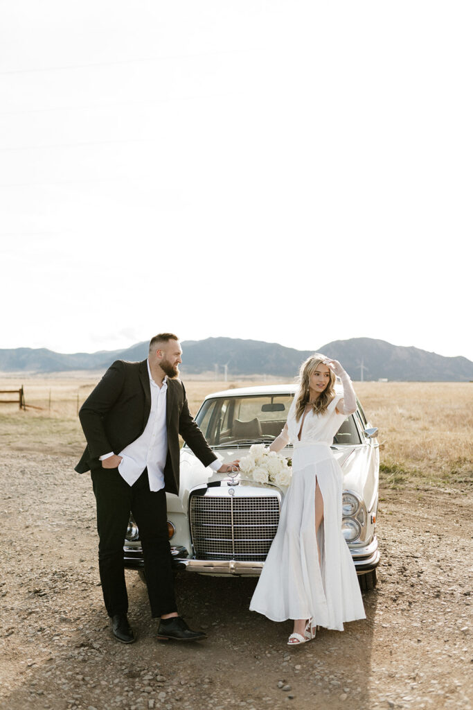 Vintage car engagement photos in Boulder, Colorado