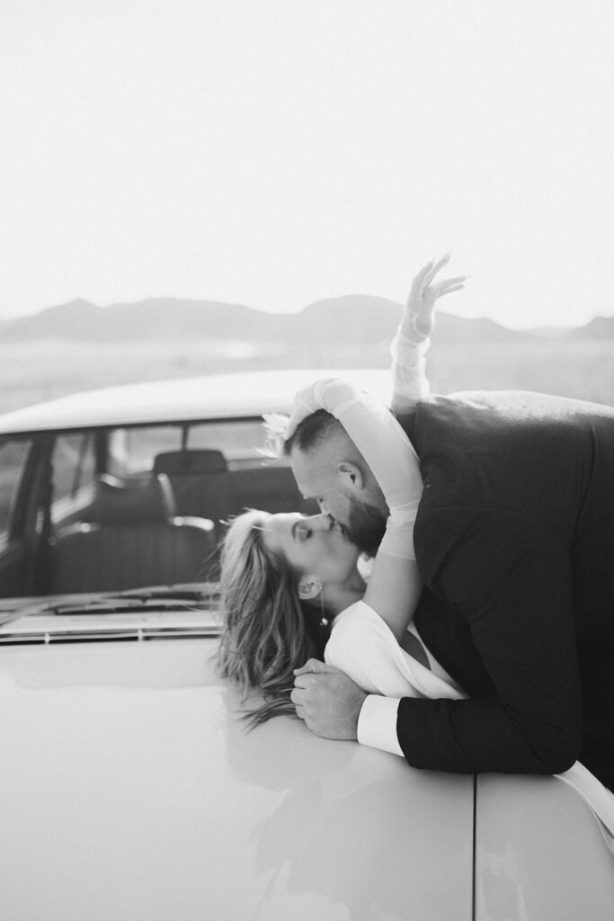 Vintage car engagement photos in Boulder, Colorado