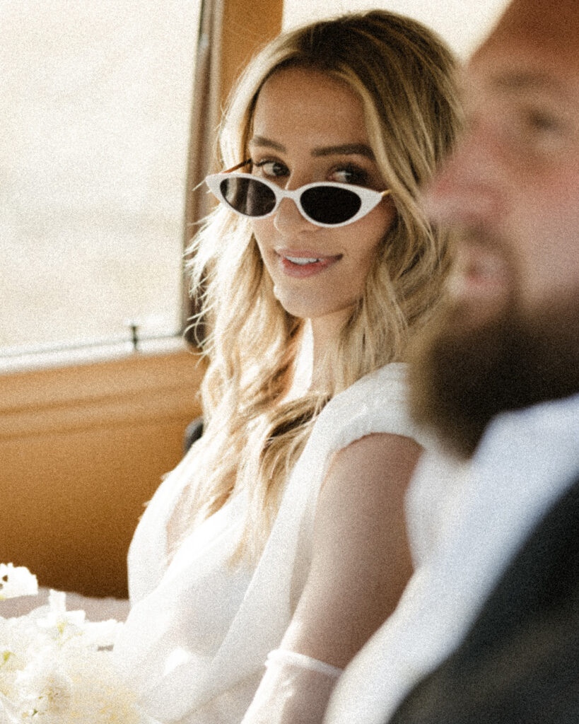 Cinematic engagement photos in Colorado with a vintage car