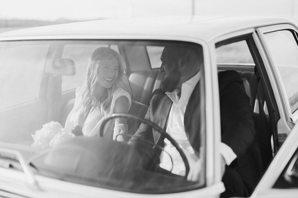 Cinematic engagement photos in Colorado with a vintage car