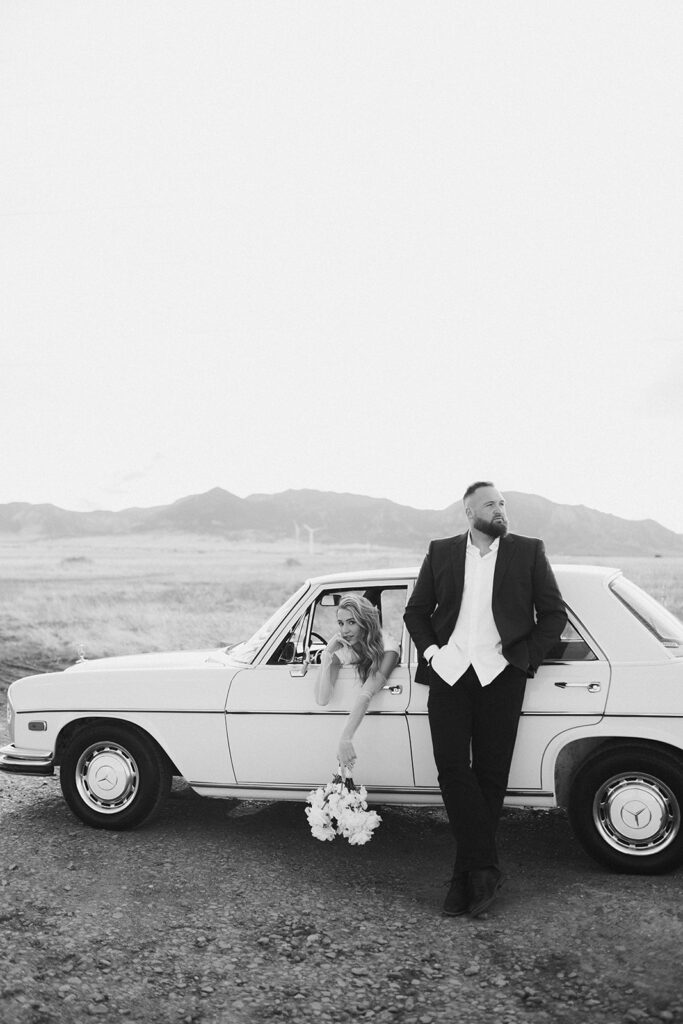 Vintage car engagement photos in Boulder, Colorado