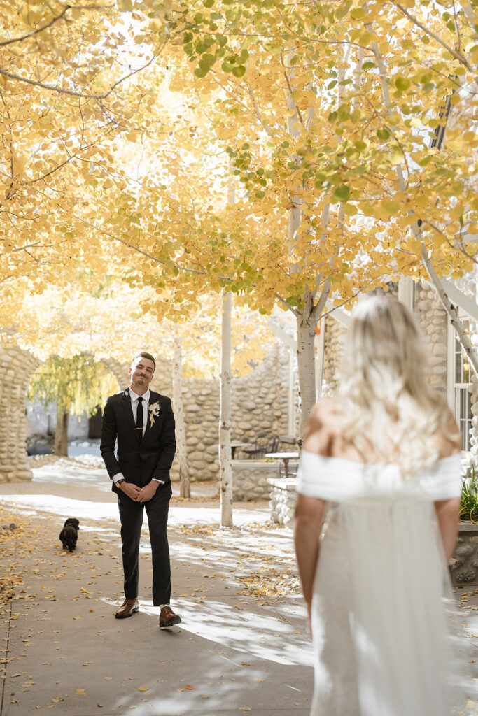 Colorado wedding first look in the fall in Buena Vista