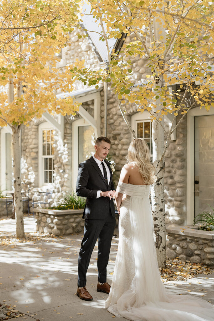 Colorado wedding first look in the fall in Buena Vista