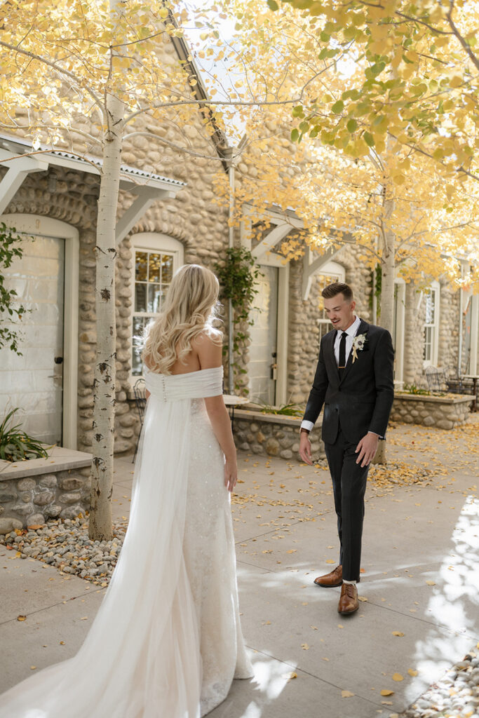 Colorado wedding first look in the fall in Buena Vista