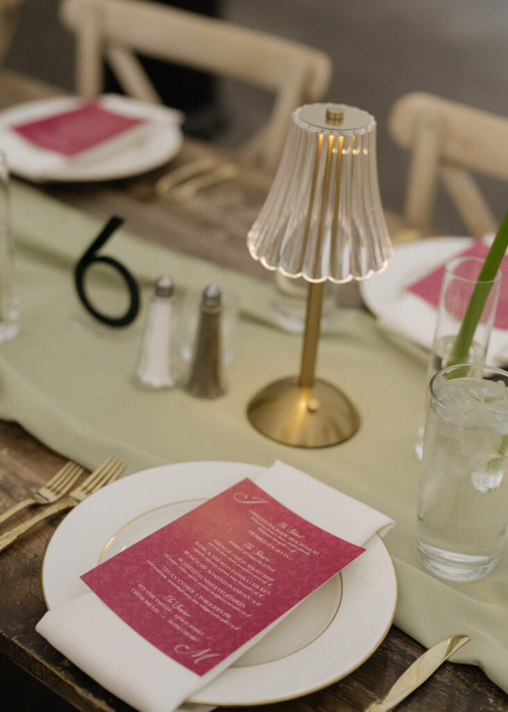Earthy wedding reception details and table settings