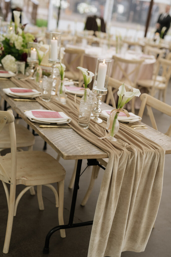 Earthy wedding reception details and table settings