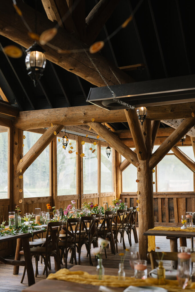 Piney River Ranch wedding reception setup inside the lodge