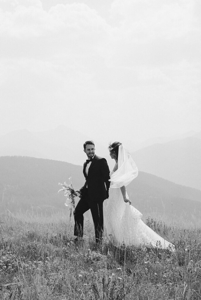 Vail Mountain wedding portraits of bride and groom in smoky haze