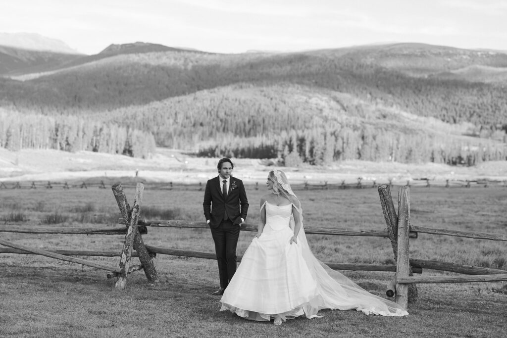 Bride and groom photos at Devil's Thumb Ranch in Colorado in the fall