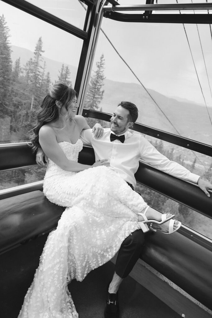 Bride and groom ride the gondola up to Vail Mountain