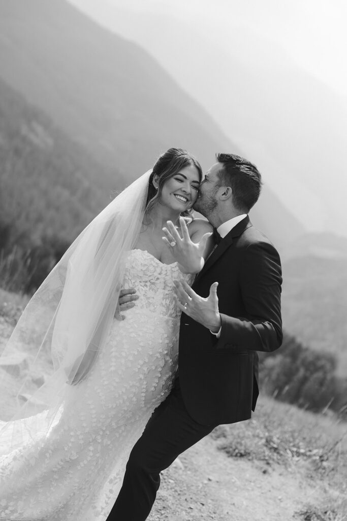 Vail Mountain wedding portraits of bride and groom in smoky haze