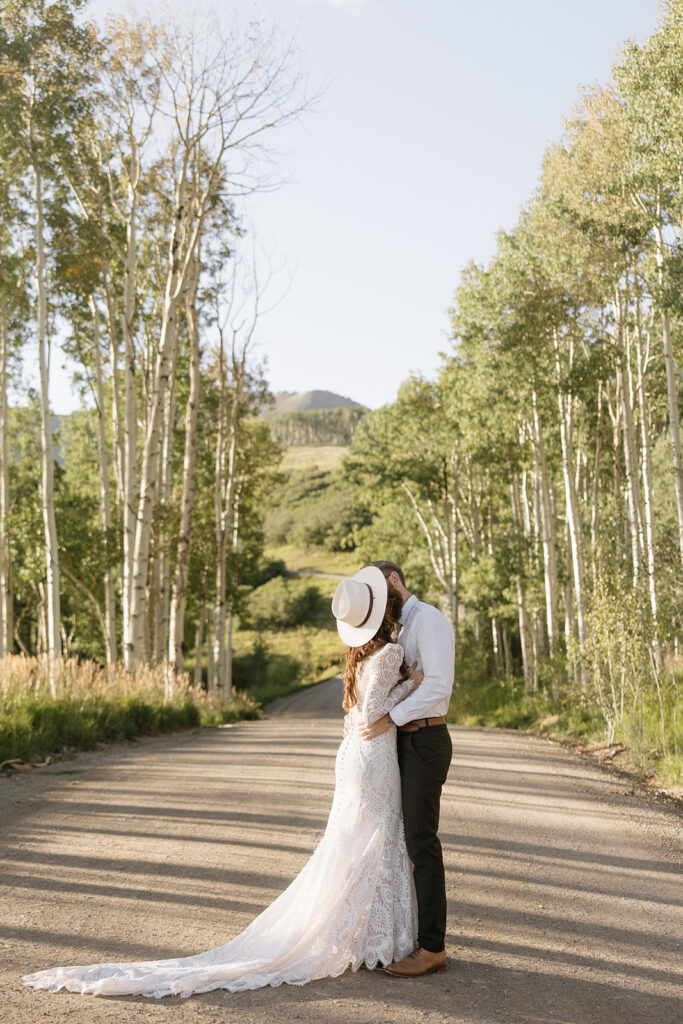 Summer wedding photos of bride and groom in Telluride, Colorado
