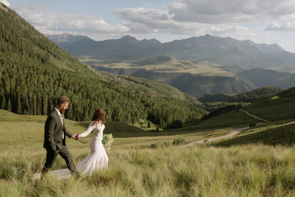 Telluride mountain wedding photos of bride and groom in the summer
