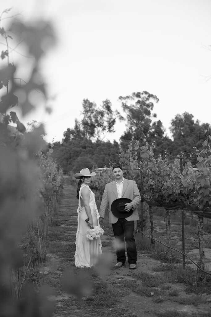 Bride and groom standing in a California vineyard at Rancho Guejito in western wedding attire