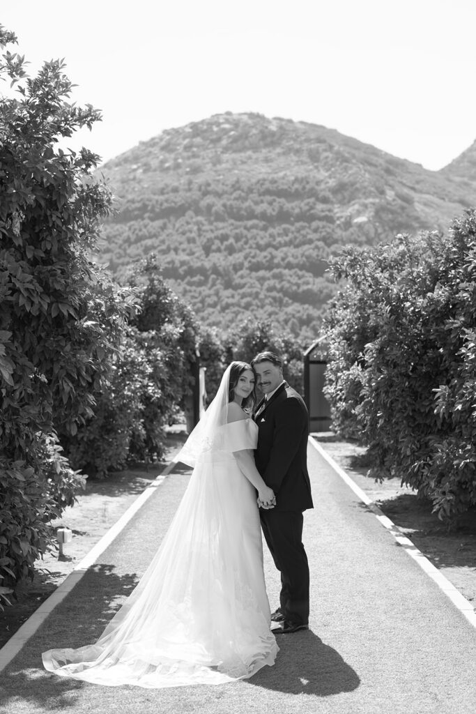 Bride and groom standing in a California vineyard at Rancho Guejito in western wedding attire