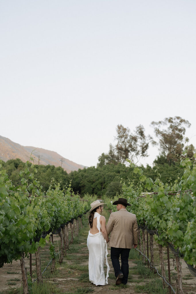 Bride and groom walking in a California vineyard at Rancho Guejito in western wedding attire