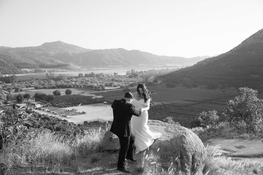 Bride and groom stand on a rock with a beautiful San Diego vineyard backdrop below them