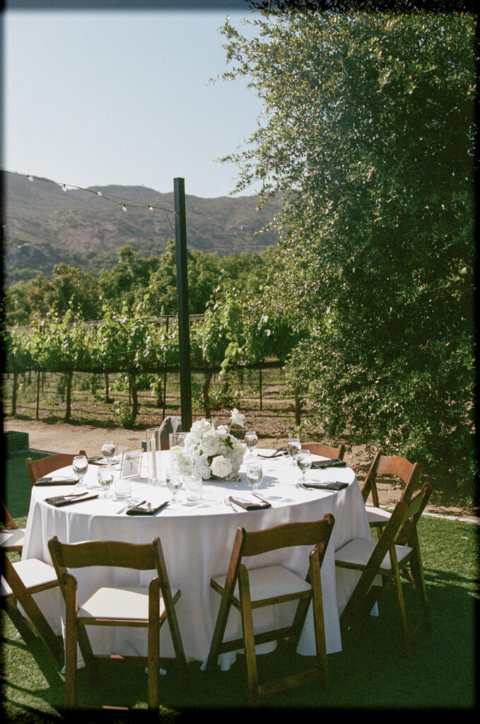 Rancho Guejito wedding reception tables on 35mm film