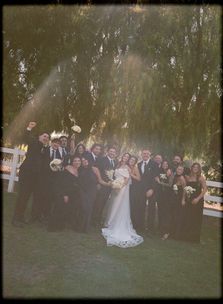 Bride and groom with their wedding party on 35mm film