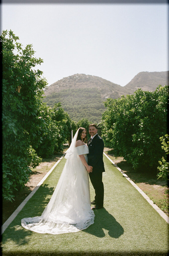 Bride and groom standing in a California vineyard at Rancho Guejito