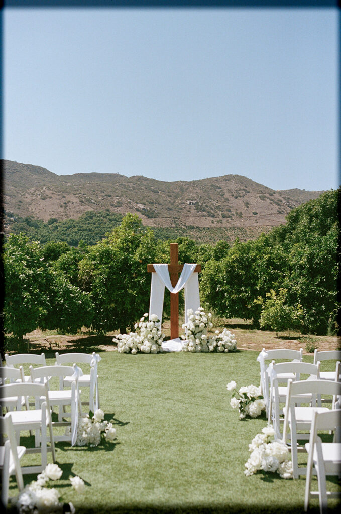 Rancho Guejito wedding ceremony setup on 35mm film