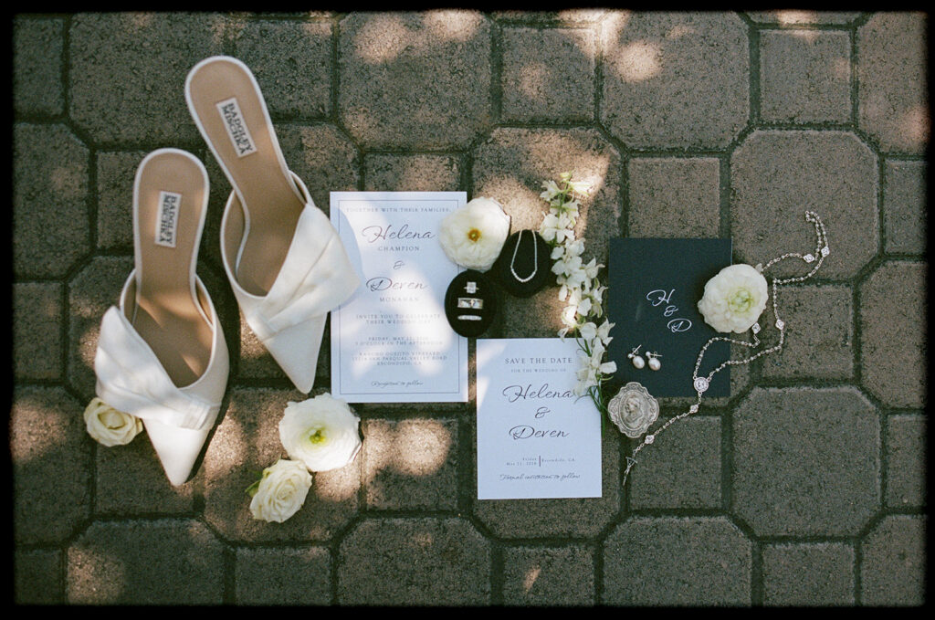Wedding details flatlay captured on 35mm film