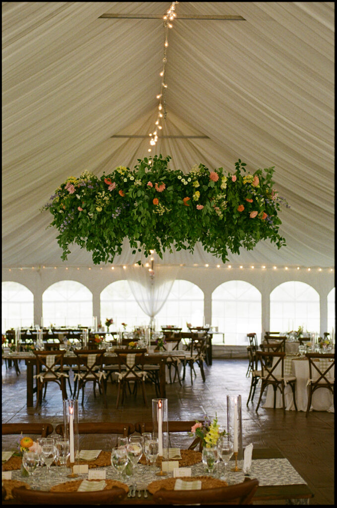 Wedding decor inside the Camp Hale wedding reception tent